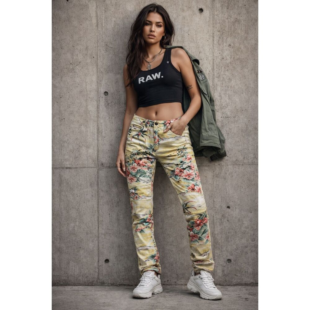 G Star Raw Pharrell Williams 5622 3D Yellow Hawaii Floral Jeans  Women's Size 26